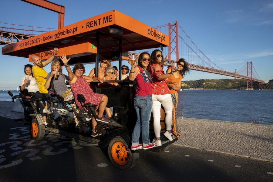 Lisbon: Fun Beer Bike by the Seafront - Pedal, sip, and control the music with the Bluetooth column